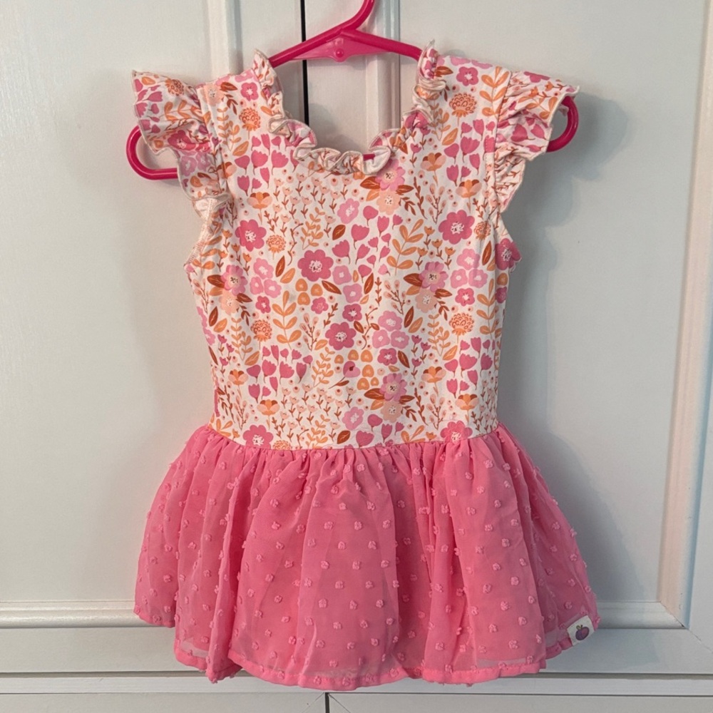 Pink Floral Ruffle Tulle Kids Dance Leotard